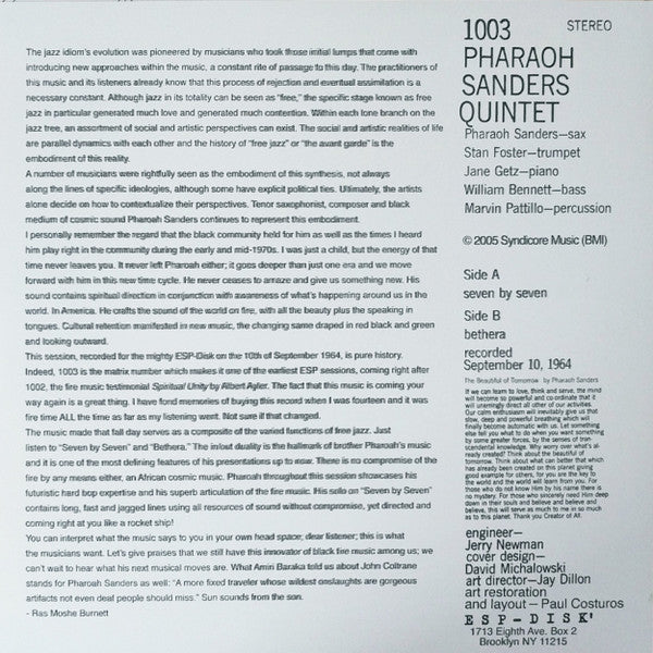 Pharoah Sanders Quintet : Pharaoh Sanders Quintet (LP, Album, RE, RP)