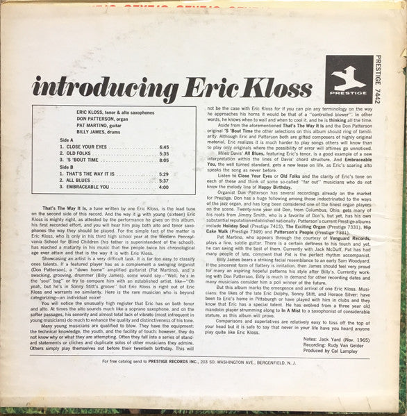 Eric Kloss With Don Patterson : Introducing Eric Kloss (LP, Album, Mono)